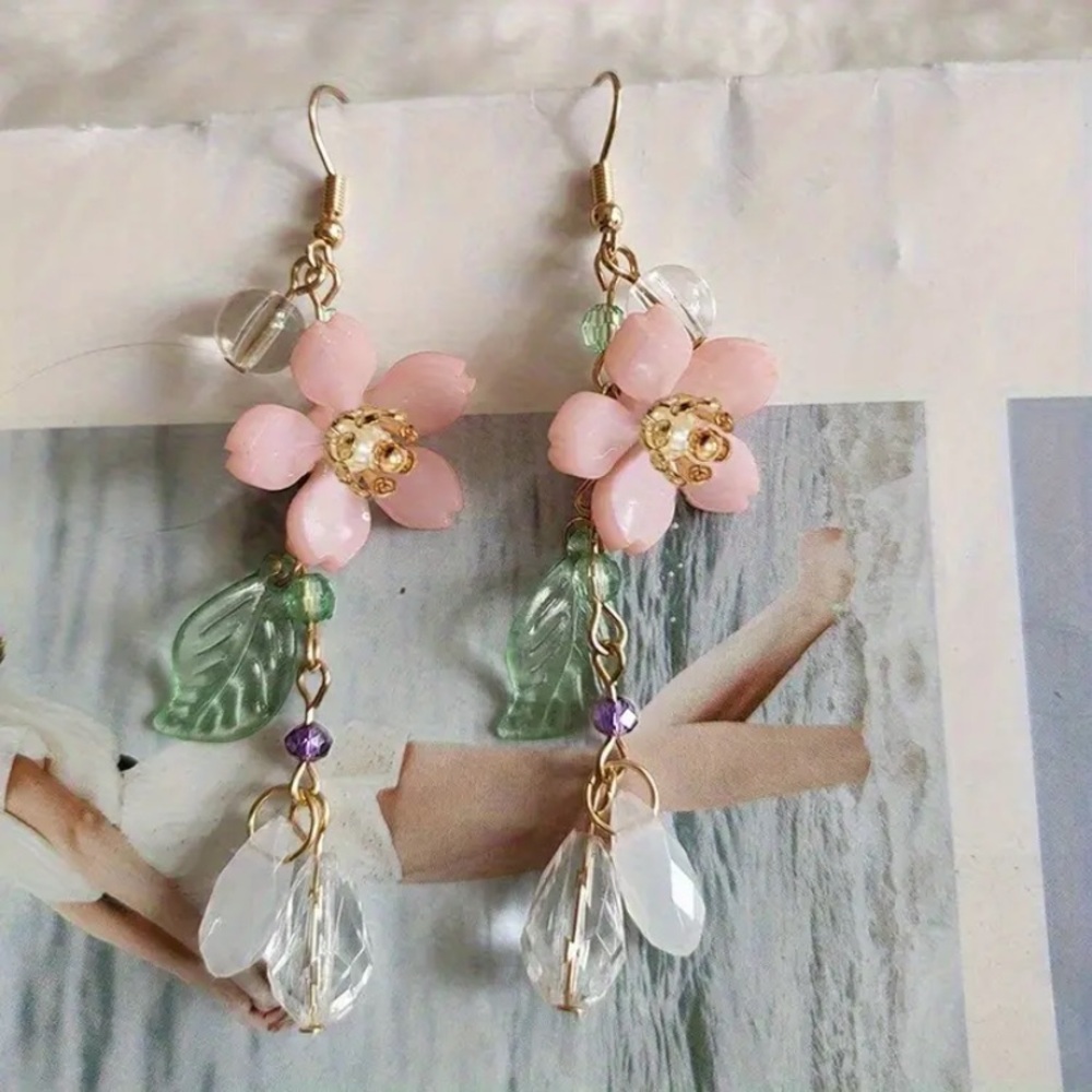 Japanese Cherry Blossom Floral Pink and Green Earrings 2.5”